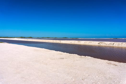 Landscape view of salt production pools near Rio Lagartos, Mexico