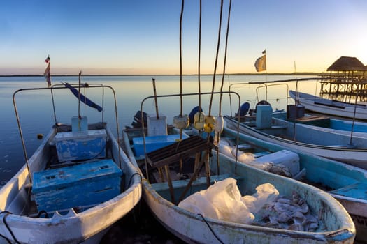 Early morning view of boats in Rio Lagartos, Mexico