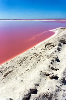 Pool of pink water for salt production near Rio Lagartos, Mexico