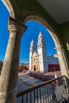 Cathedral of Campeche, Mexico as seen from a balcony