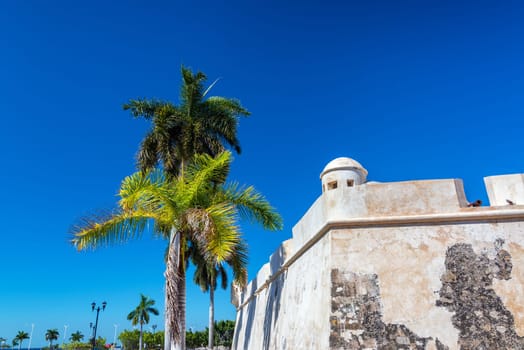 View of the colonial defensive wall and palm trees in Campeche, Mexico