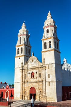 View of the stunning cathedral in Campeche, Mexico with a beautiful clear blue sky