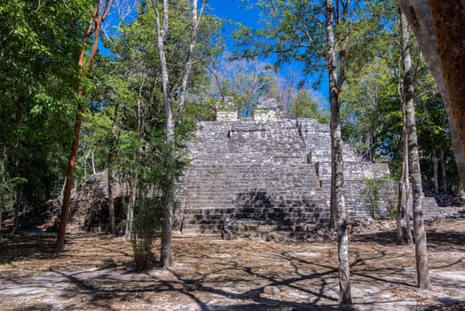 Ancient Mayan pyramid in the ruined city of Balamku in Campeche, Mexico