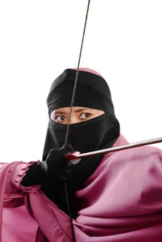 Close up of asian muslim woman ready to shoot an arrow isolated over white background
