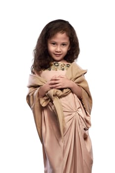 Portrait of asian muslim girl with traditional dress isolated over white background