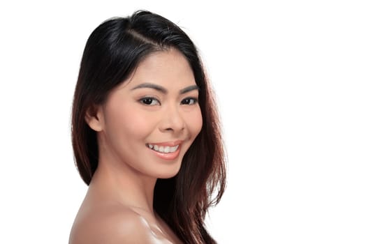 Close up of young asian female with perfect makeup isolated over white background