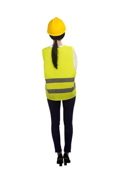 Back view of asian woman with worker uniform isolated over white background