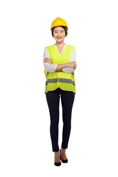 Smiling asian woman worker with hard hat isolated over white background
