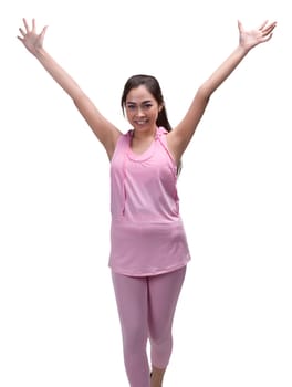 Happy asian woman running with smiling face isolated over white background