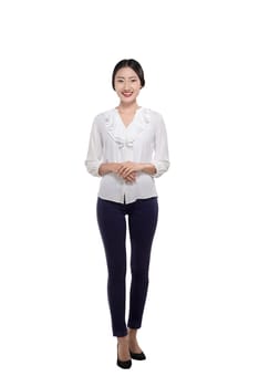 Smiling asian business woman with confident expression isolated over white background