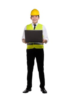 Smiling asian construction man with worker uniform holding laptop isolated over white background