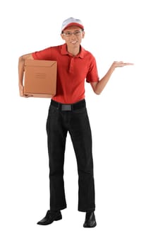 Asian delivery man holding package showing empty open hand isolated over white background