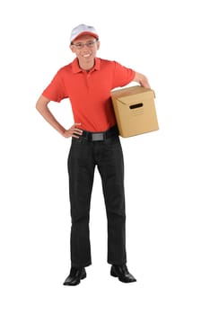 Smiling delivery asian man holding a package isolated over white background