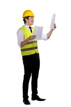 Attractive asian engineer with blueprint plan draft isolated over white background