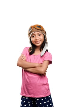 Happy asian kid with aviator helmet and goggles isolated over white background