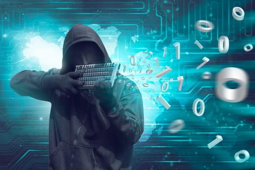 Man wearing vendetta mask holding keyboard to shooting system security