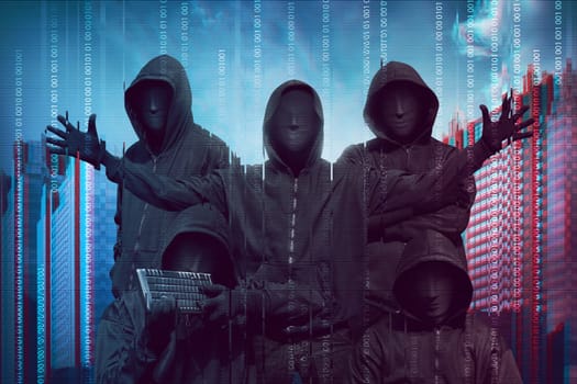 Group of hacker with anonymous mask against binary code in background