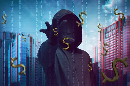 Hacker man wearing anonymous mask stealing money with binary code in background