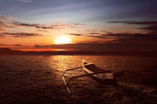 Wooden boat float with wave water at sunset