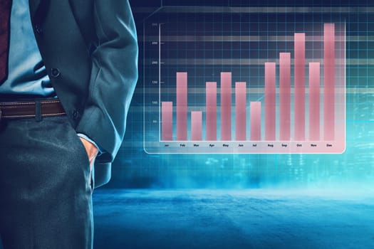 Body of business man with hand inside pocket over chart background