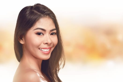 Portrait of beautiful asian woman model with fresh daily makeup against blurred background