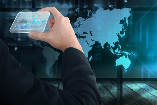 Business people hand holding virtual business card with digital chart with world map on background