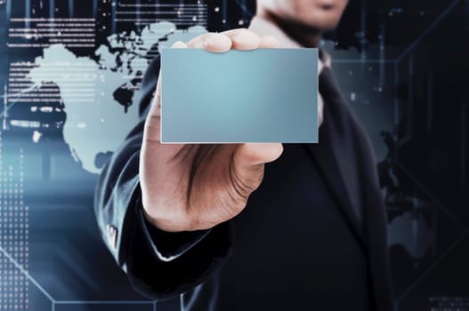Businessman hands holding empty card over digital background