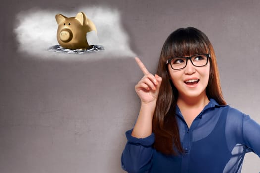 Young asian business woman thinking for saving money over wall background