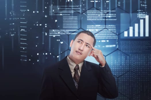Confused asian businessman thinking something with digital background
