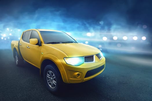 Four door yellow pickup truck with dark concrete on highway