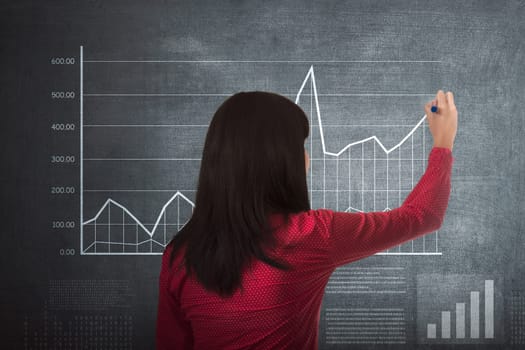 Asian business woman drawing graph income on blackboard