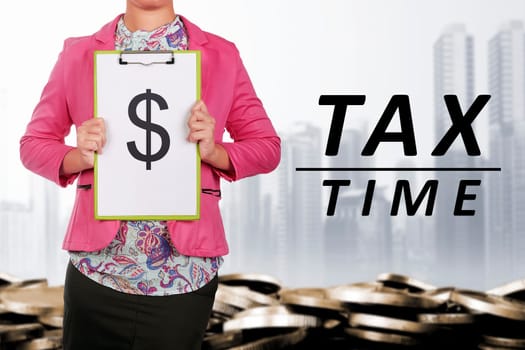 Business people holding clipboard with dollar symbol. Tax time concept.