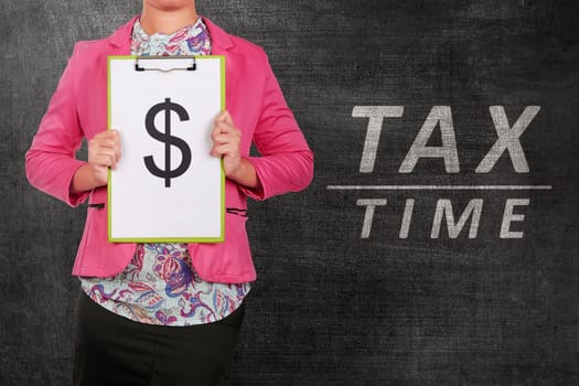 Business people holding clipboard with dollar symbol. Tax time concept.
