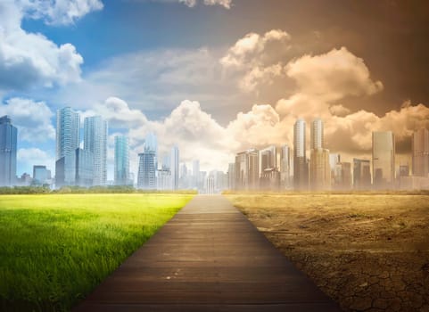 Landscape of timber pathway with the changing environment in the modern city