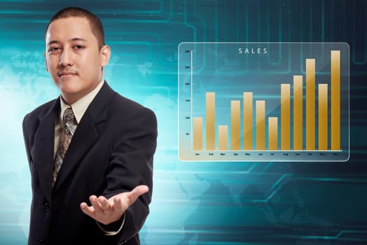 Asian businessman with chart sales offering to shake the hand on digital background