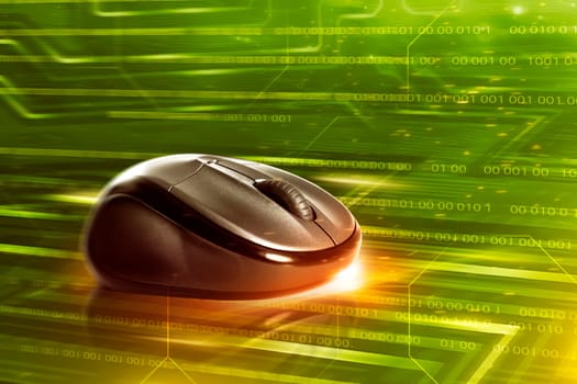 Black wireless computer mouse over colorful digital background