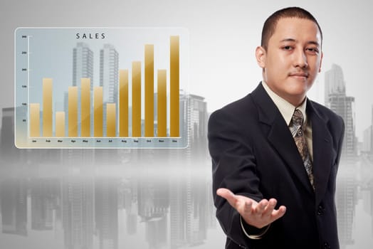 Asian businessman with chart sales offering to shake the hand in cityscape background