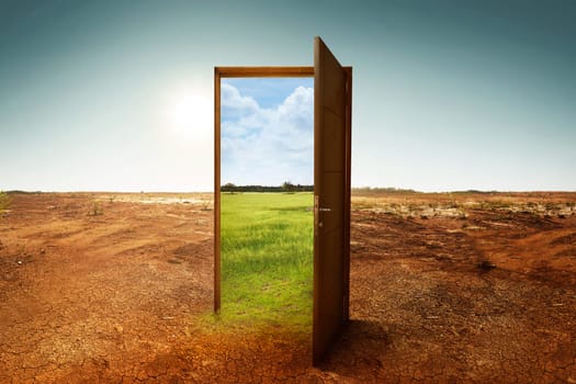 Open wooden door to the new world with green environment. Climate change concept.