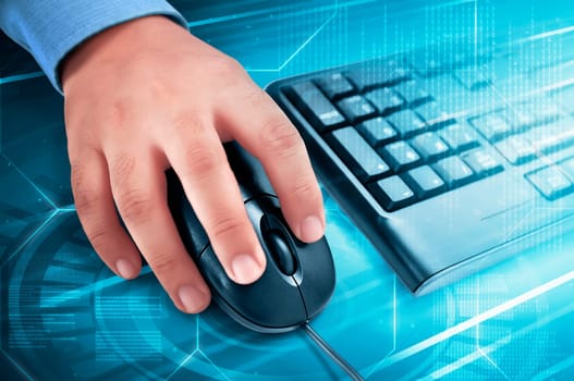 Male hand on computer mouse with keyboard beside him over blue digital background