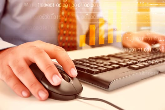 Businessman using keyboard computer with innovation graph interface on background