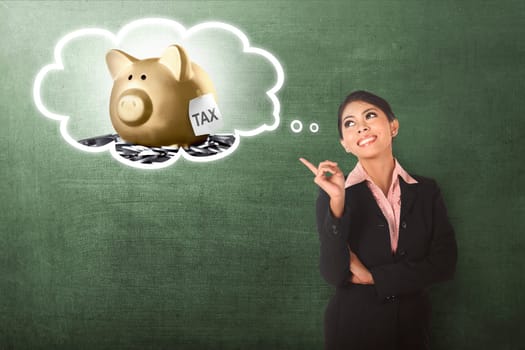 Happy asian businesswoman get solution for her Tax payment over chalkboard background.