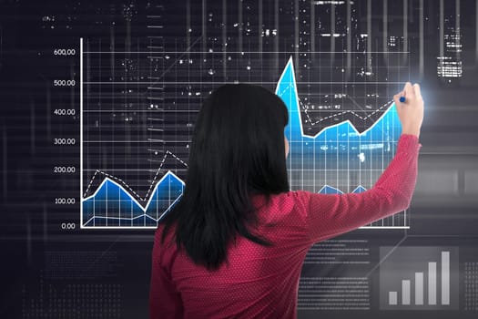 Asian business woman drawing digital chart market on virtual screen background