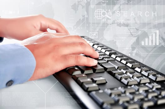 Businessman is typing on keyboard with interface virtual graph on background