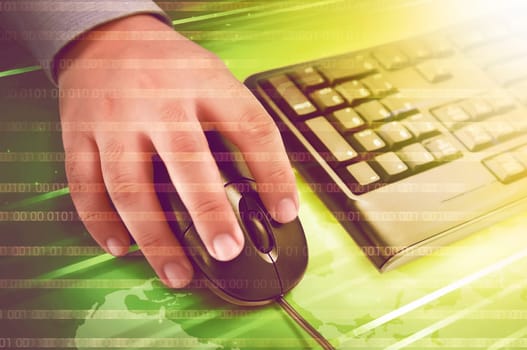 Human hand on computer mouse with keyboard beside him over digital background