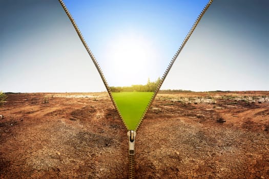 Open zipper showing dry land landscape changing to green land landscape with sunlight background