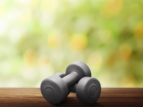 Red dumbbells for weight training on wooden table