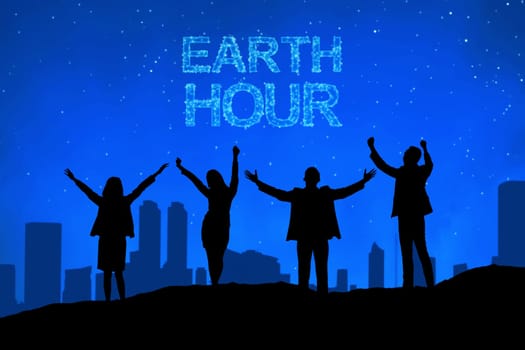 Silhouette of business people with Earth hour message at night