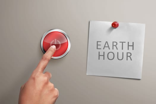 People hand with Earth hour note turning off electrical equipment on the wall