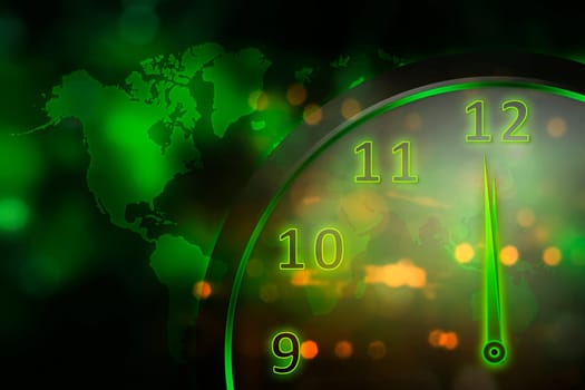 Glowing green clock with world map. Earth Hour Concept.