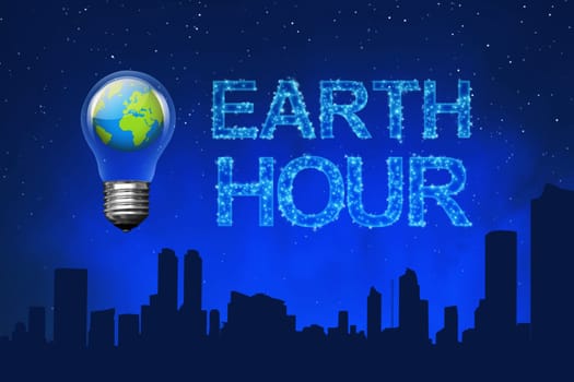 Blue planet on light bulb with Earth Hour message on the sky
